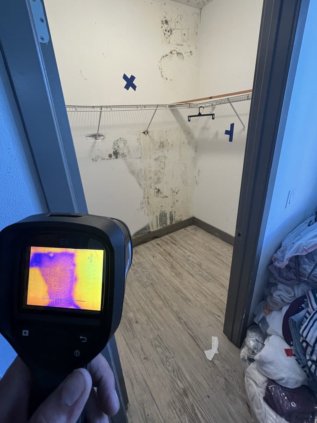 Mold growth in a closet identified during a thermal moisture inspection